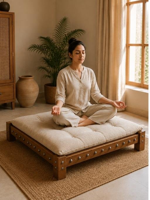Woman sitting cross-legged in meditation pose on the Trampobed